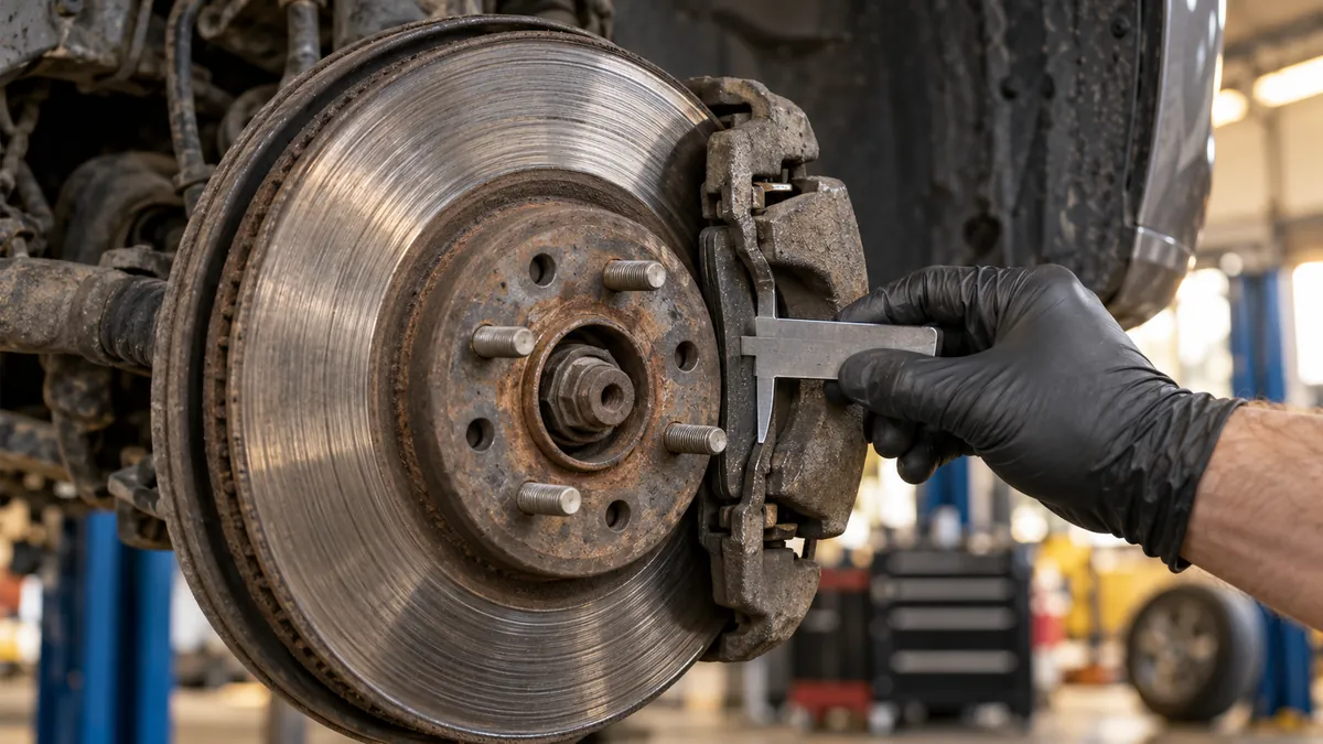 Illustrative photo: a gloved hand measures a brake pad beside a worn rotor